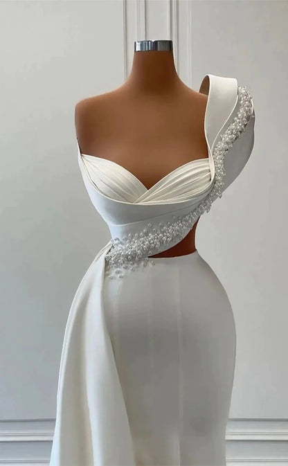 RP207-White Trumpet One Shoulder Beads Pleated Prom Dresses Formal Evening Party Gowns