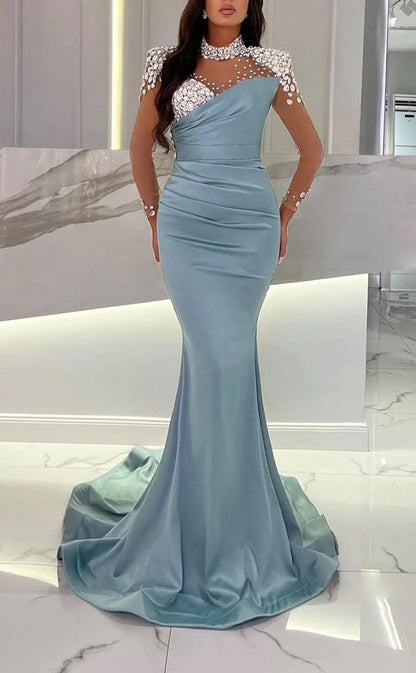 RP369-Gorgeous Mermaid High Neck Crystals Sequined Pleated Long Sleeves Prom Evening Dresses Formal Party Gowns