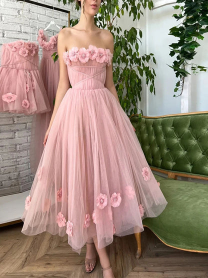 Cute Two Styles Elegant Strapless Sleeveless Appliques Pink Mini Tea Length Dress 3D Flowers Zipper Back Women Clothing Homecoming Dresses Party Graduation Dresses Cocktail Prom Gown With Zipper Customized