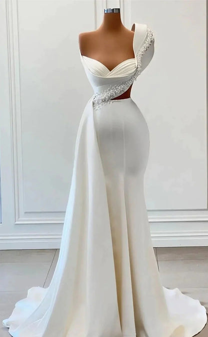 RP207-White Trumpet One Shoulder Beads Pleated Prom Dresses Formal Evening Party Gowns