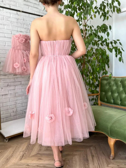 Cute Two Styles Elegant Strapless Sleeveless Appliques Pink Mini Tea Length Dress 3D Flowers Zipper Back Women Clothing Homecoming Dresses Party Graduation Dresses Cocktail Prom Gown With Zipper Customized