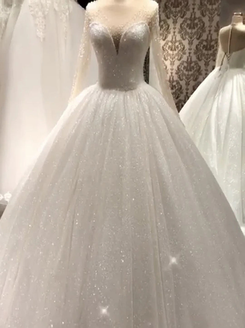 Sparkling Ball Gown Wedding Dresses Scoop Beads Sequins Illusion Long Sleeves Lace Up Sweep Train Tulle Bridal Gown Custom Made