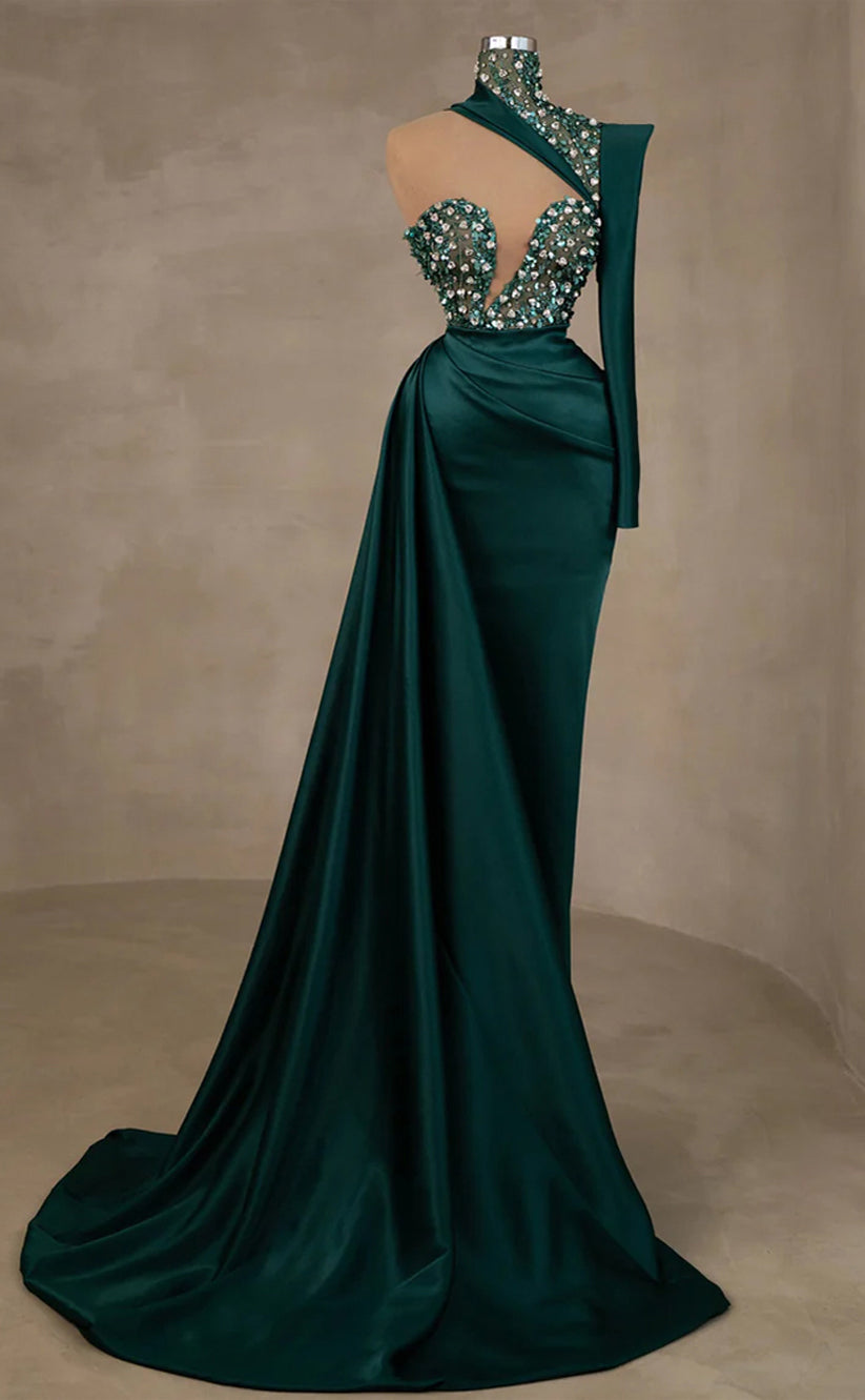 RP340-Dark Green Mermaid High Neck Beaded Crystals One Long Sleeve Prom Evening Dresses Formal Party Gowns With Train