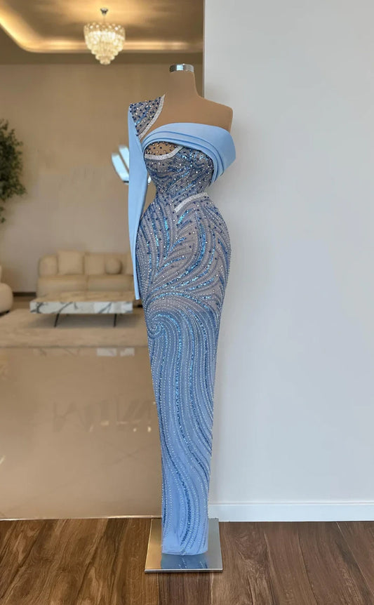 RP546-Luxury Sky Blue Mermaid One Shoulder Sequins Ruched Beaded Long Sleeve Long Prom Evening Dresses Formal Party Gowns