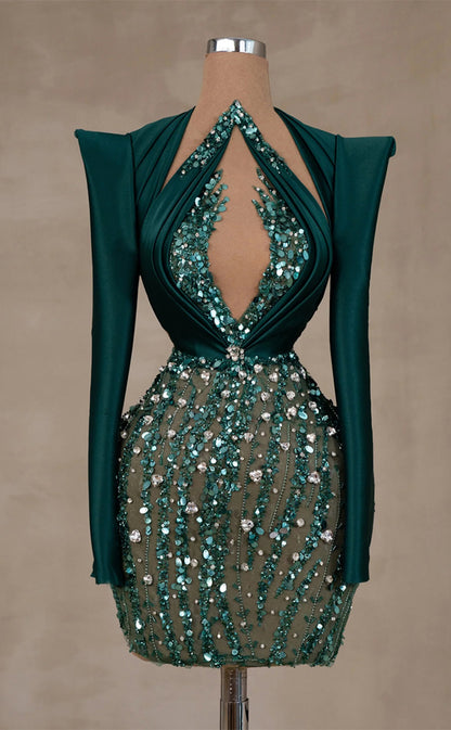 RP340-Dark Green Mermaid High Neck Beaded Crystals One Long Sleeve Prom Evening Dresses Formal Party Gowns With Train