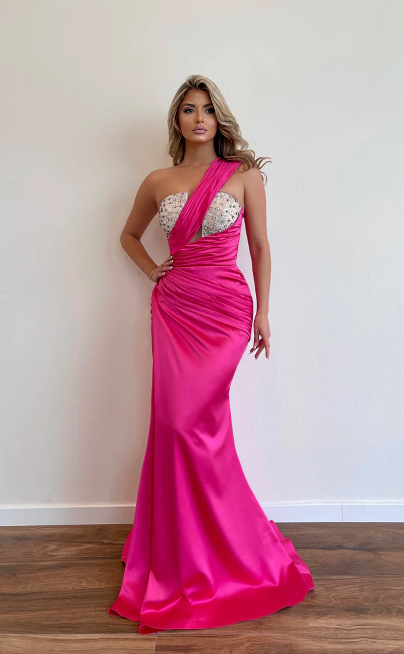 RP548-Charming Fuchsia Mermaid One Shoulder Ruched Sequins Beads Sleeveless Prom Evening Dresses Formal Party Gowns