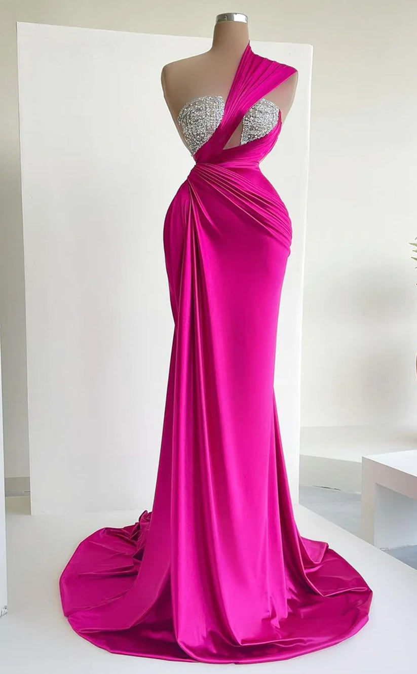 RP547-Charming Fuchsia Mermaid One Shoulder Ruched Sequins Beads Sleeveless Prom Evening Dresses Formal Party Gowns