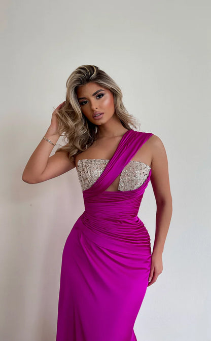 RP548-Charming Fuchsia Mermaid One Shoulder Ruched Sequins Beads Sleeveless Prom Evening Dresses Formal Party Gowns