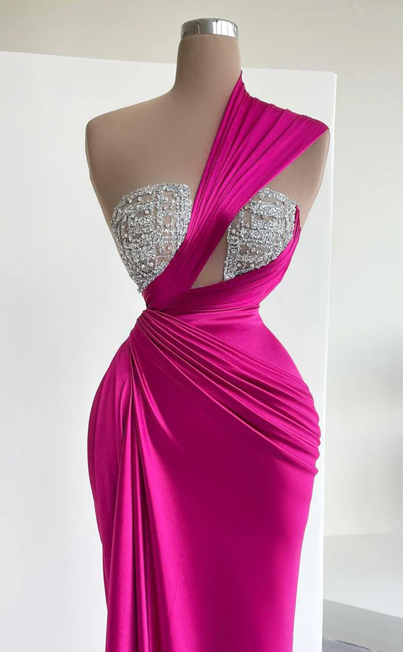 RP547-Charming Fuchsia Mermaid One Shoulder Ruched Sequins Beads Sleeveless Prom Evening Dresses Formal Party Gowns