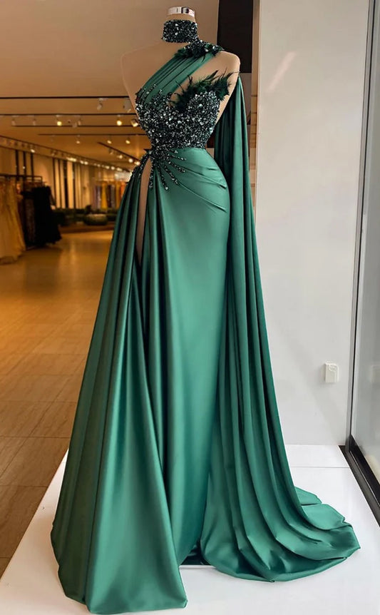 RP549-Gorgeous Green Mermaid High Neck Sequins Ruched Feathers Sleeveless Long Prom Evening Dresses Formal Party Gowns With Slit