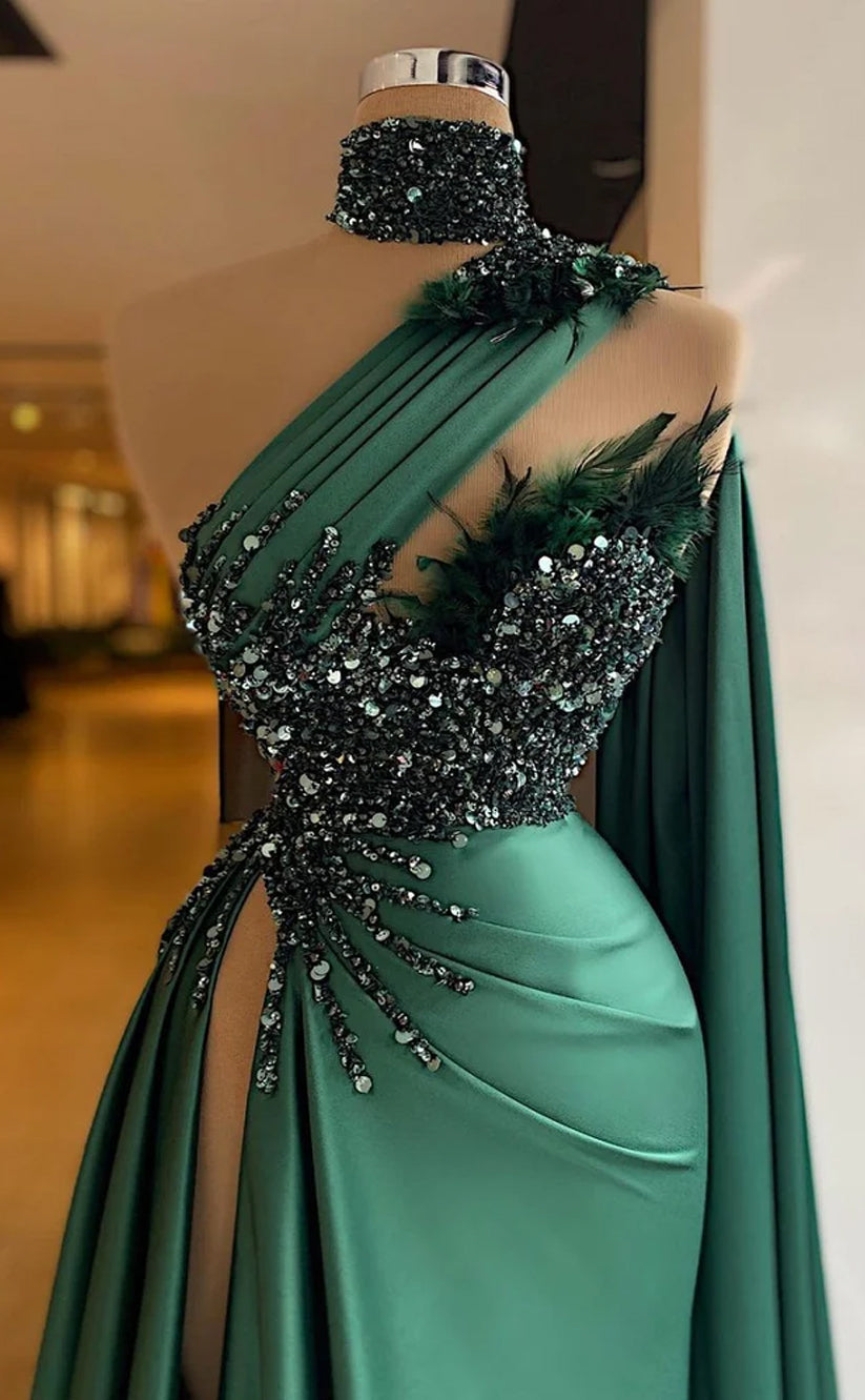 RP549-Gorgeous Green Mermaid High Neck Sequins Ruched Feathers Sleeveless Long Prom Evening Dresses Formal Party Gowns With Slit