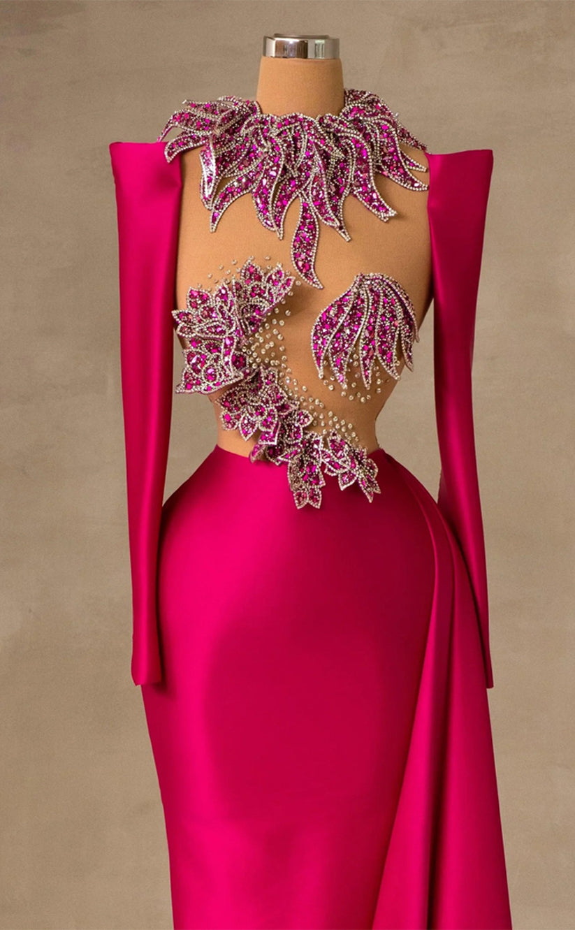 RP341-Pink Mermaid High Neck Sequins Crystals Long Sleeves Prom Evening Dresses Formal Party Gowns With Appliqued