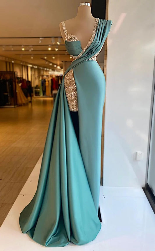 RP557-Charming Mermaid Spaghetti Ruched Sequins Cap Sleeves Satin Sweep Train Prom Evening Dresses Formal Party Gowns With Slit