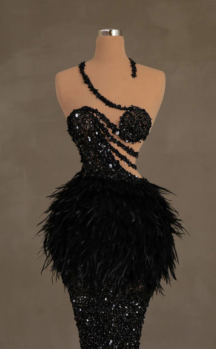 RP342-Sparkling Black Mermaid Halter Sequins Beads Feathers Sleeveless Prom Evening Dresses Formal Party Gowns