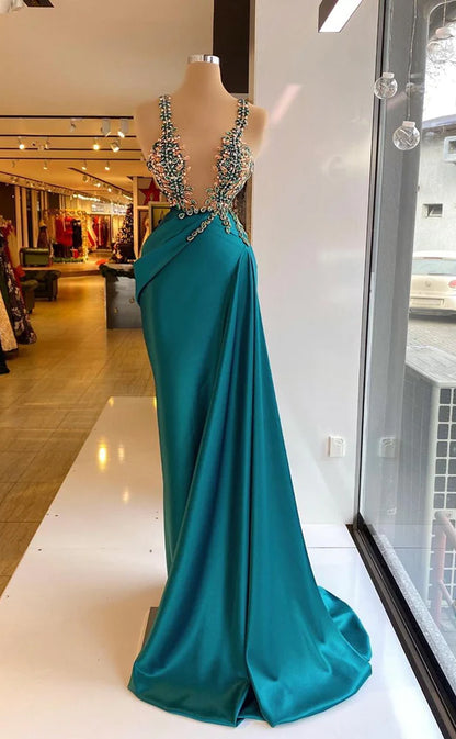 RP556-Charming Mermaid Spaghetti Ruched Rhinestone Cap Sleeves Satin Sweep Train Prom Evening Dresses Formal Party Gowns