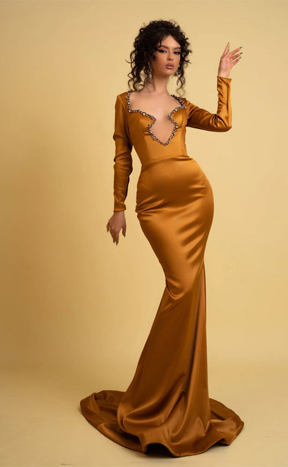 RP346-Elegant Mermaid V-Neck Beads Pleated Long Sleeves Prom Evening Dresses Formal Party Gowns