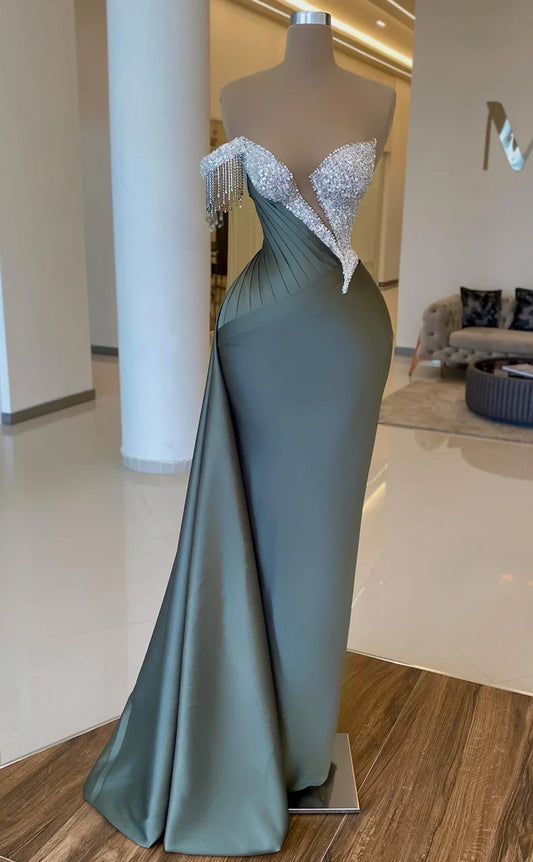 RP555-Gorgeous Mermaid Off-the-Shoulder Ruched Sequins Cap Sleeves Satin Floor Length Prom Evening Dresses Formal Party Gowns