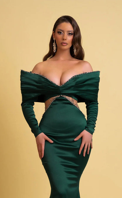 RP347-Elegant Green Mermaid Off-the-Shoulder Beads Pleated Long Sleeves Prom Evening Dresses Formal Party Gowns