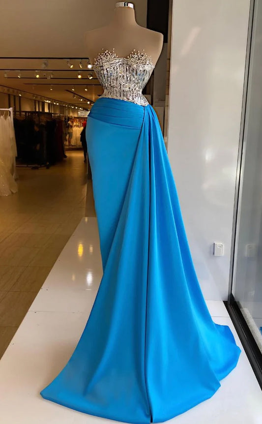 RP553-Elegant Sky Blue Mermaid Sweetheart Sequins Ruched Sleeveless Long Prom Evening Dresses Formal Party Gowns