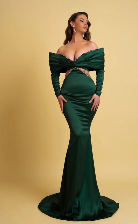 RP347-Elegant Green Mermaid Off-the-Shoulder Beads Pleated Long Sleeves Prom Evening Dresses Formal Party Gowns