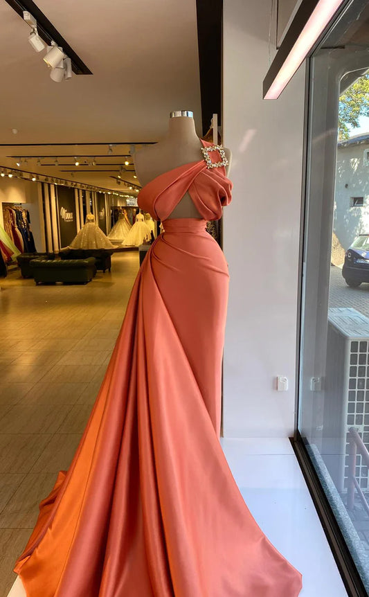 RP552-Elegant Orange Mermaid One Shoulder Beads Ruched Sleeveless Long Prom Evening Dresses Formal Party Gowns