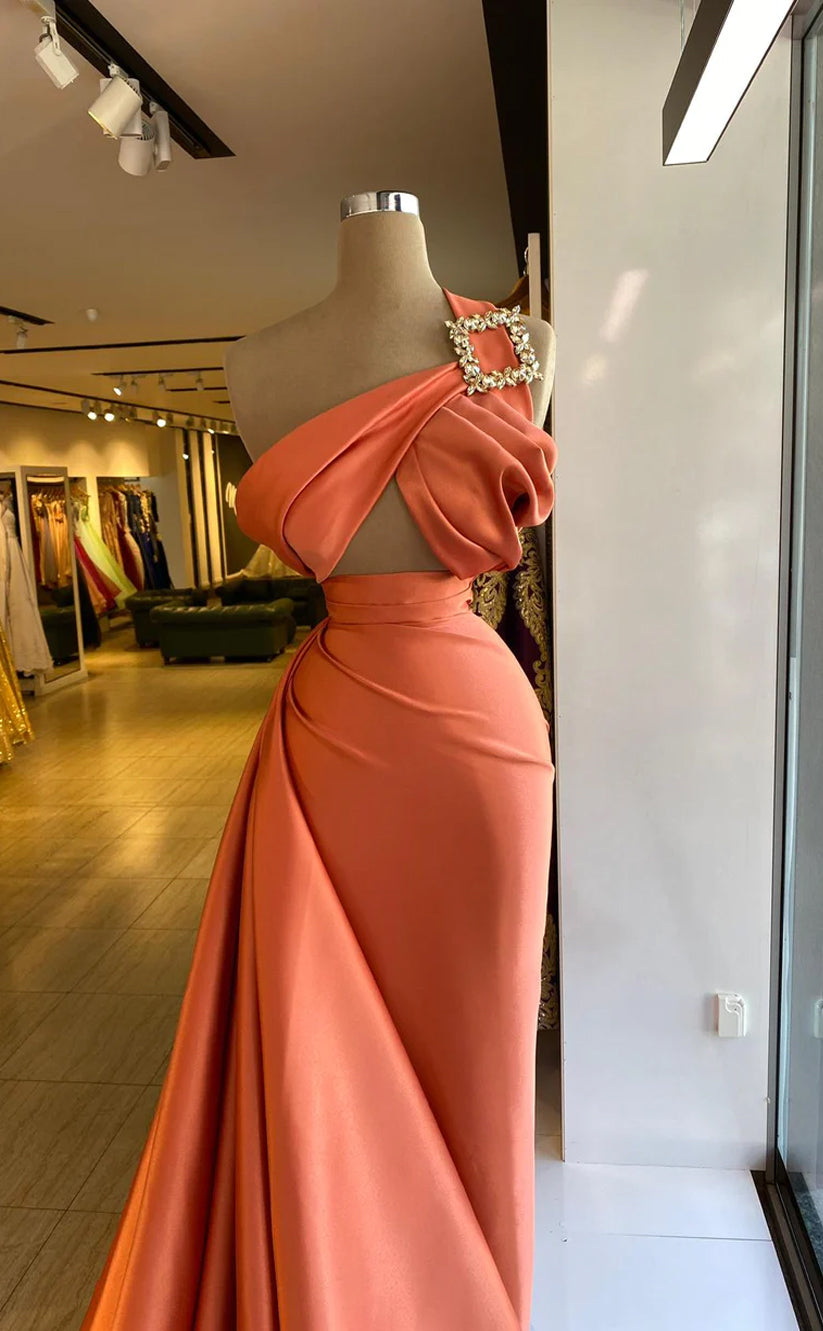 RP552-Elegant Orange Mermaid One Shoulder Beads Ruched Sleeveless Long Prom Evening Dresses Formal Party Gowns