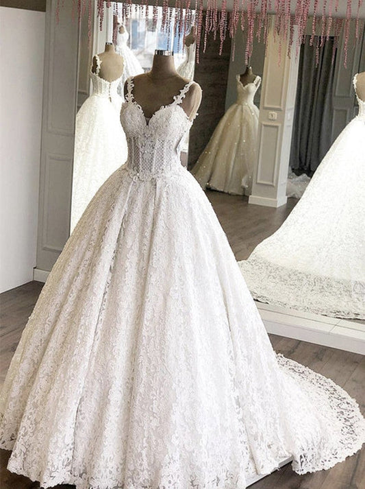 Elegant Ball Gown Spaghetti Appliques Sleeveless Sweep Lace Satin Bridal Gowns Custom Made