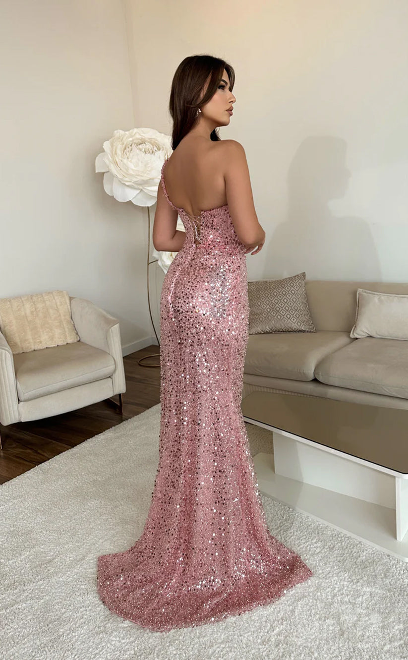 RP551-Sparkling Pink Mermaid One Shoulder Sequins Beads Sleeveless Prom Evening Dresses Formal Party Gowns With Slit