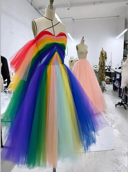 Charming A-Line Sweetheart Sleeveless  Rainbow Midi Length Tulle Prom Dress Homecoming Graduation Dresses Evening Dresses Cocktail  Ball Gowns For Women Custom Made