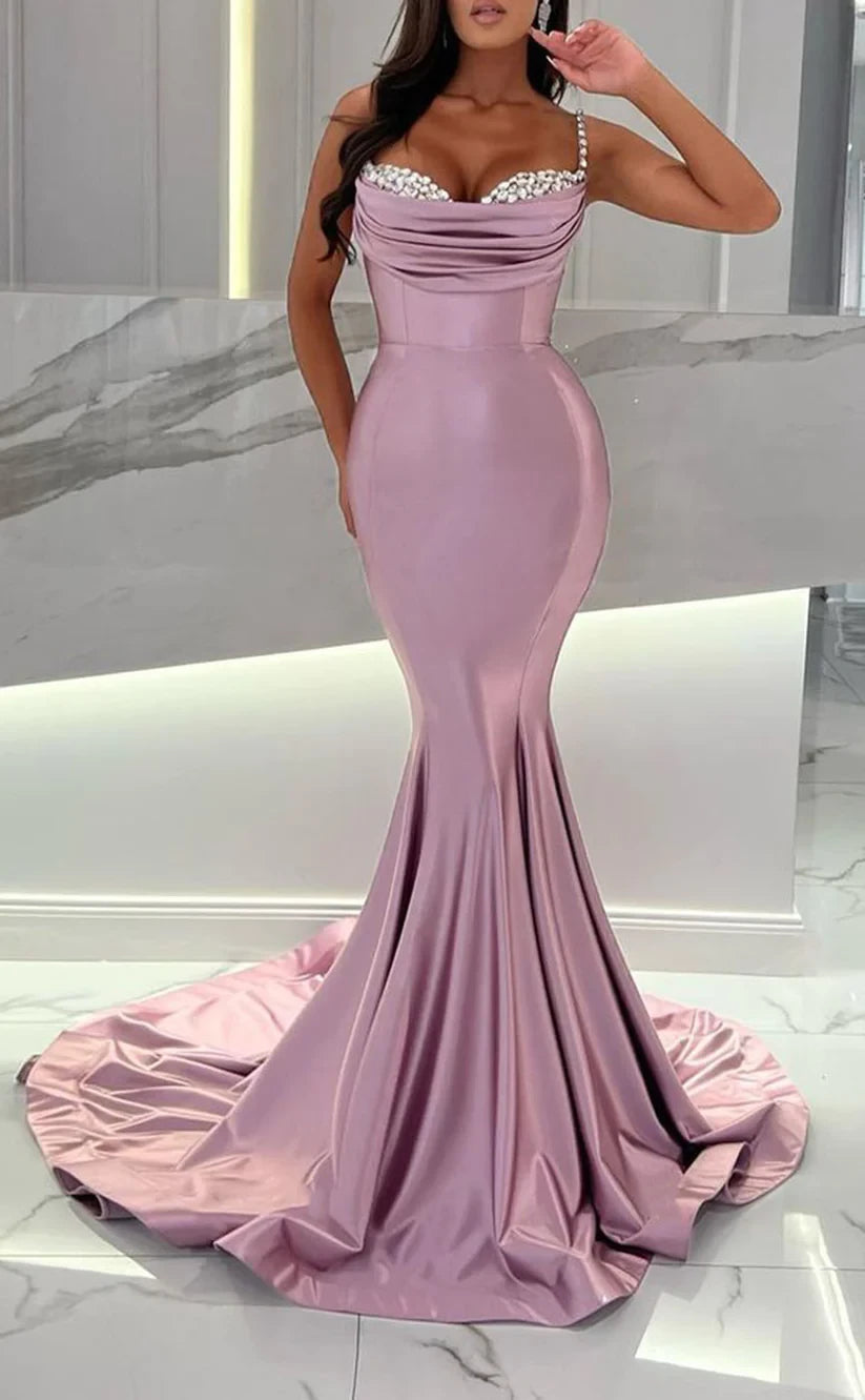 RP370-Gorgeous Mermaid Spaghetti Crystals Pleated Sleeveless Prom Evening Dresses Formal Party Gowns