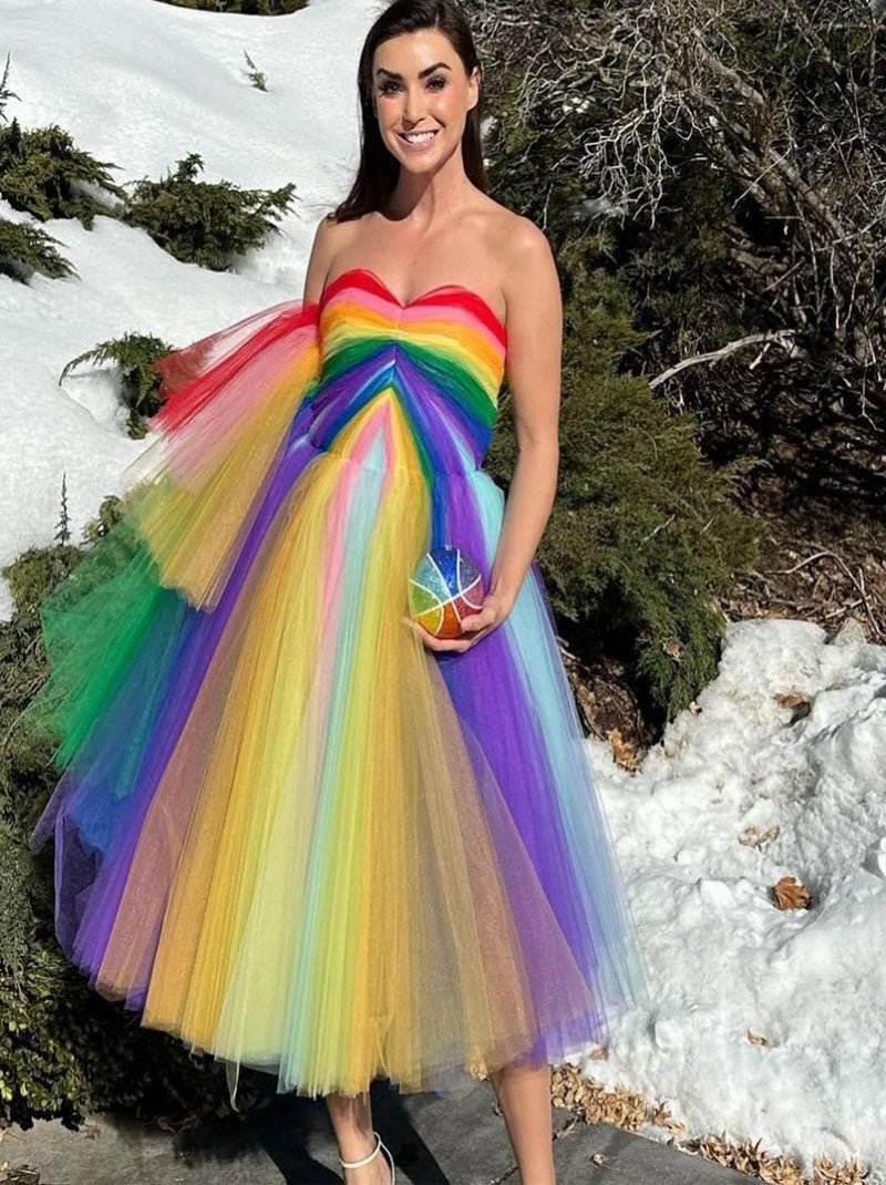 Charming A-Line Sweetheart Sleeveless  Rainbow Midi Length Tulle Prom Dress Homecoming Graduation Dresses Evening Dresses Cocktail  Ball Gowns For Women Custom Made