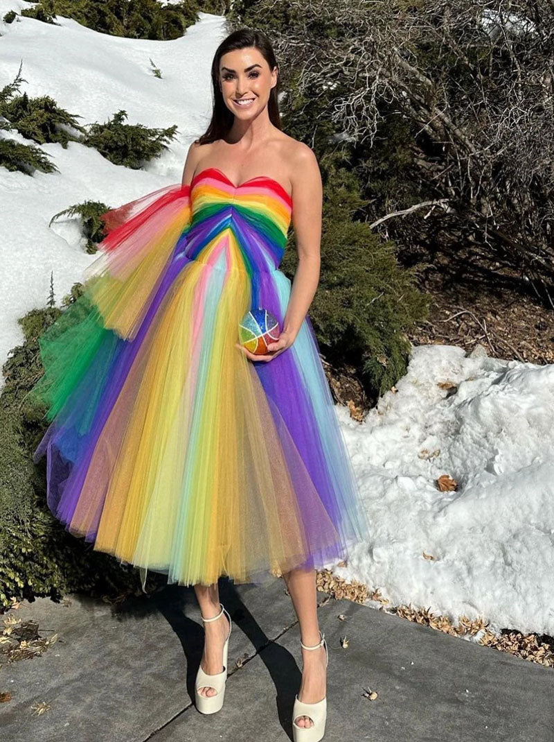 Charming A-Line Sweetheart Sleeveless  Rainbow Midi Length Tulle Prom Dress Homecoming Graduation Dresses Evening Dresses Cocktail  Ball Gowns For Women Custom Made