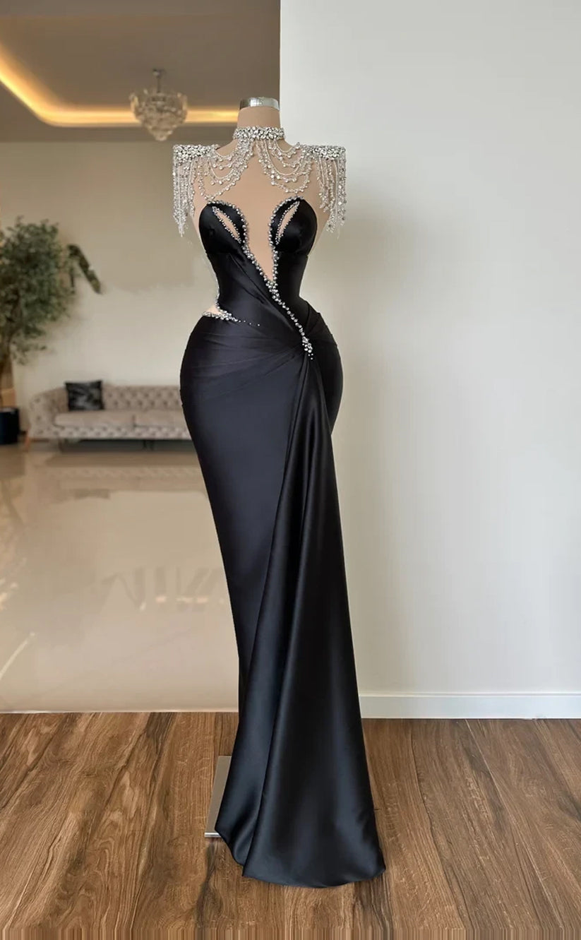 RP550-Gorgeous Black Mermaid High Neck Beaded Ruched Tassel Sleeveless Floor Length Prom Evening Dresses Formal Party Gowns