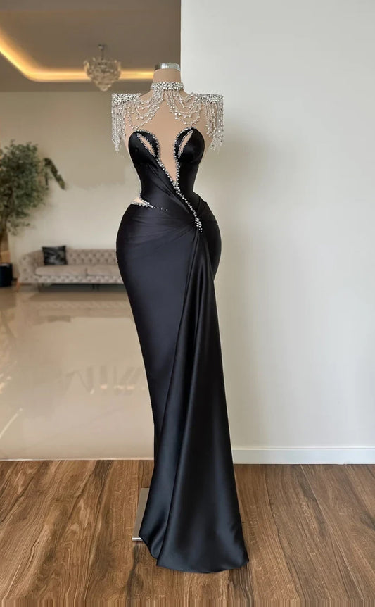 RP550-Gorgeous Black Mermaid High Neck Beaded Ruched Tassel Sleeveless Floor Length Prom Evening Dresses Formal Party Gowns