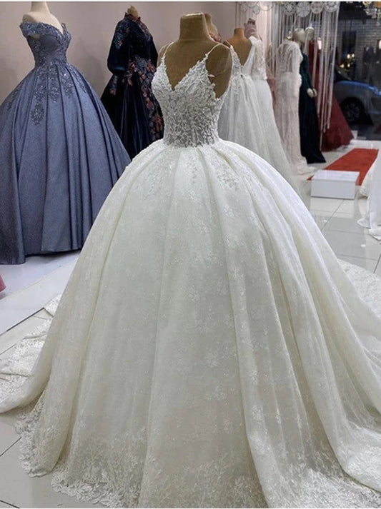 Elegant Ball Gown Spaghetti Appliques Beads Sleeveless Sweep Train Satin Bridal Gowns Custom Made