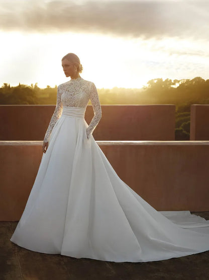 Gorgeous & Elegant A-Line Boho Wedding Dresses High Collar Appliqued Satin Sweep Train Bridal Gowns Custom