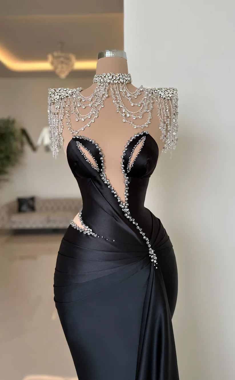 RP550-Gorgeous Black Mermaid High Neck Beaded Ruched Tassel Sleeveless Floor Length Prom Evening Dresses Formal Party Gowns