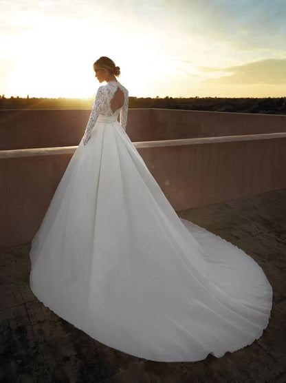 Gorgeous & Elegant A-Line Boho Wedding Dresses High Collar Appliqued Satin Sweep Train Bridal Gowns Custom