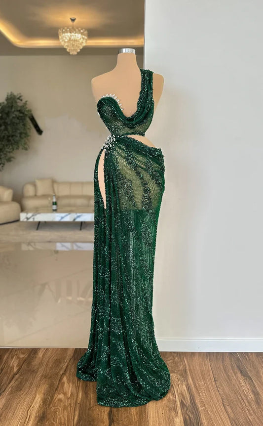 RP564-Luxury Green Mermaid One Shoulder Crystals Sequins Sleeveless Floor Length Prom Evening Dresses Formal Party Gowns With Slit