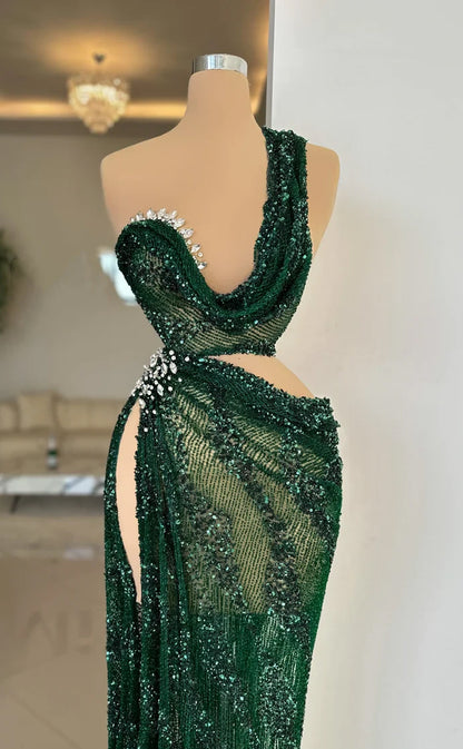 RP564-Luxury Green Mermaid One Shoulder Crystals Sequins Sleeveless Floor Length Prom Evening Dresses Formal Party Gowns With Slit