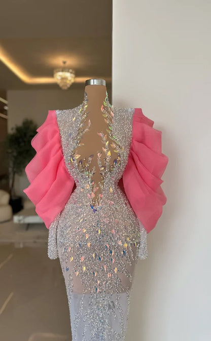 RP565-Luxury Pink Mermaid High Neck Beads Sequins Puffy Long Sleeves Floor Length Prom Evening Dresses Formal Party Gowns