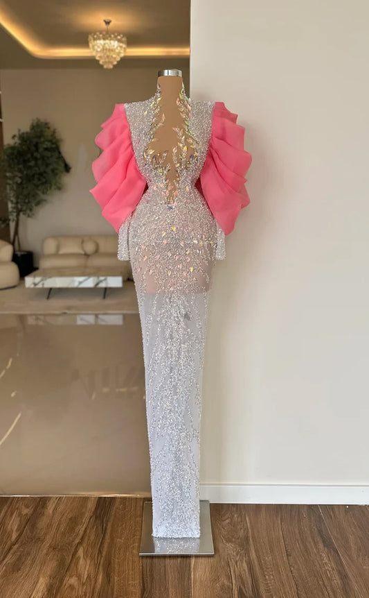 RP565-Luxury Pink Mermaid High Neck Beads Sequins Puffy Long Sleeves Floor Length Prom Evening Dresses Formal Party Gowns