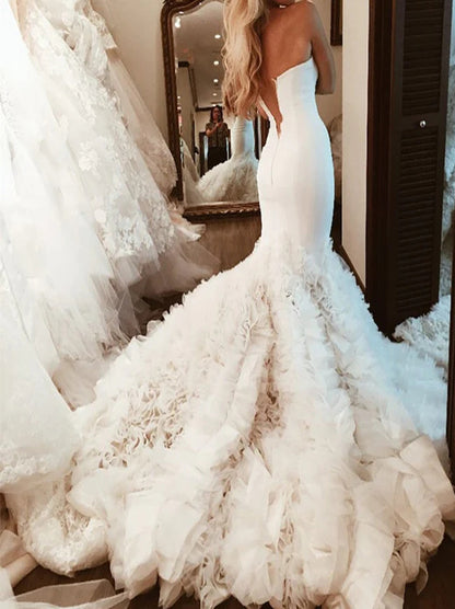 Sexy Mermaid Wedding Dress Sweetheart Ruffles Zipper Sweep Train Tulle Bridal Gowns Custom Made