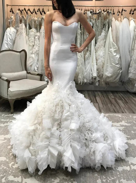 Sexy Mermaid Wedding Dress Sweetheart Ruffles Zipper Sweep Train Tulle Bridal Gowns Custom Made