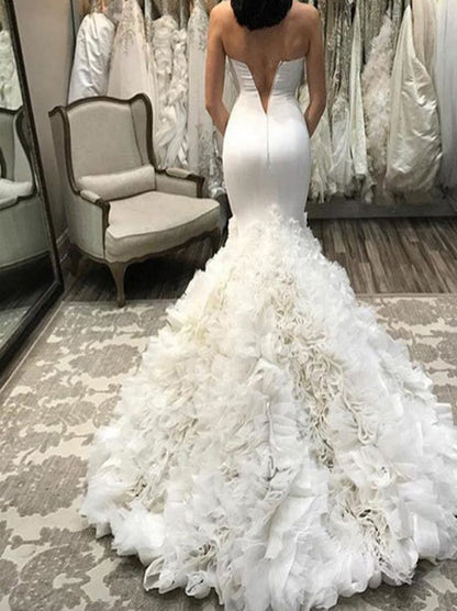 Sexy Mermaid Wedding Dress Sweetheart Ruffles Zipper Sweep Train Tulle Bridal Gowns Custom Made