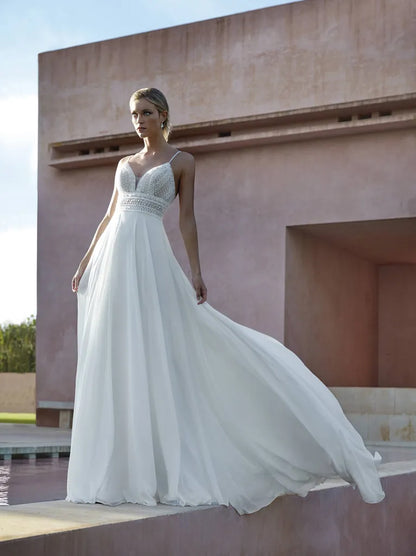 Simple A-Line Wedding Dresses Spaghetti Beads Satin Sweep Train Bridal Gowns Custom Custom