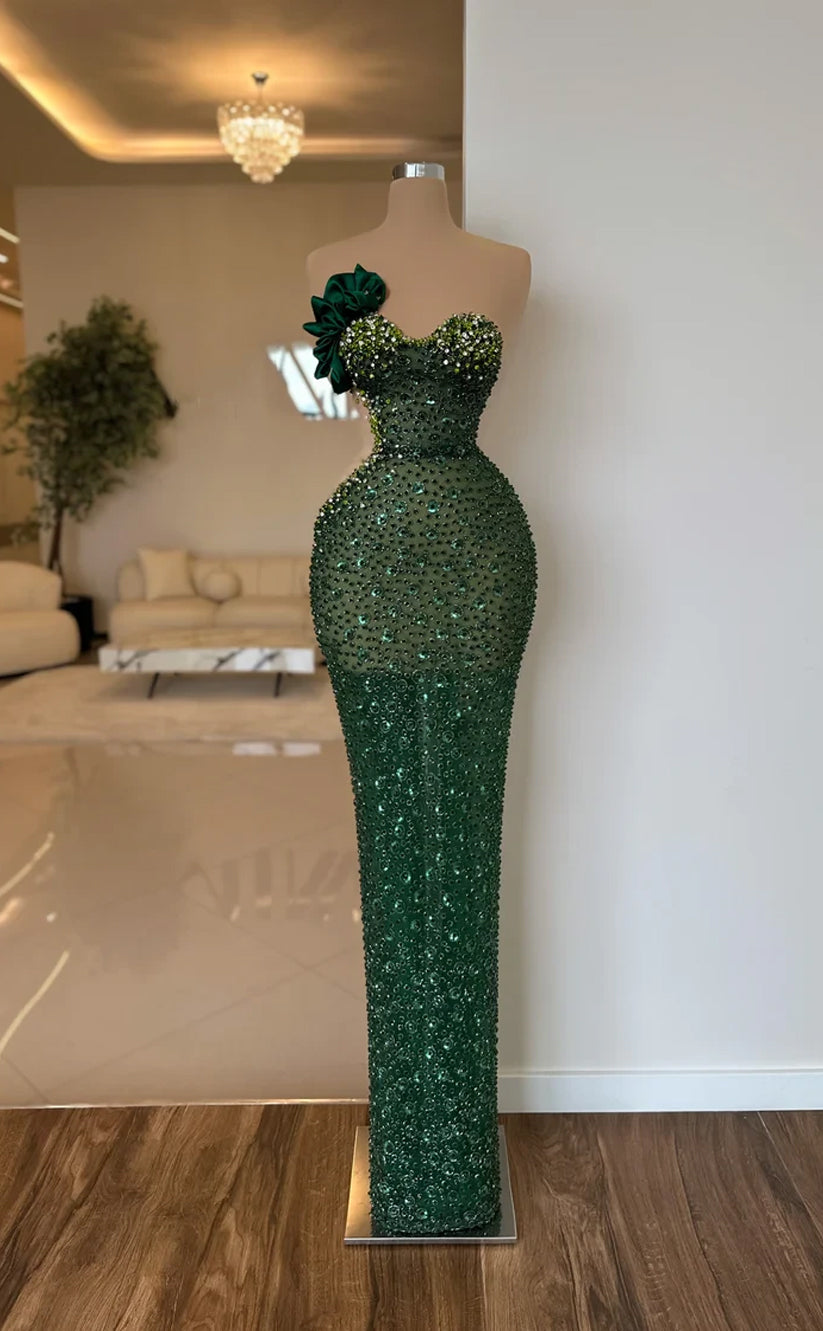 RP563-Luxury Green Mermaid Sweetheart Beads Crystals Sleeveless Floor Length Prom Evening Dresses Formal Party Gowns With Flower