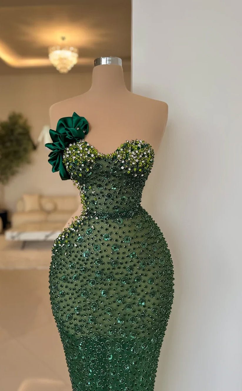 RP563-Luxury Green Mermaid Sweetheart Beads Crystals Sleeveless Floor Length Prom Evening Dresses Formal Party Gowns With Flower