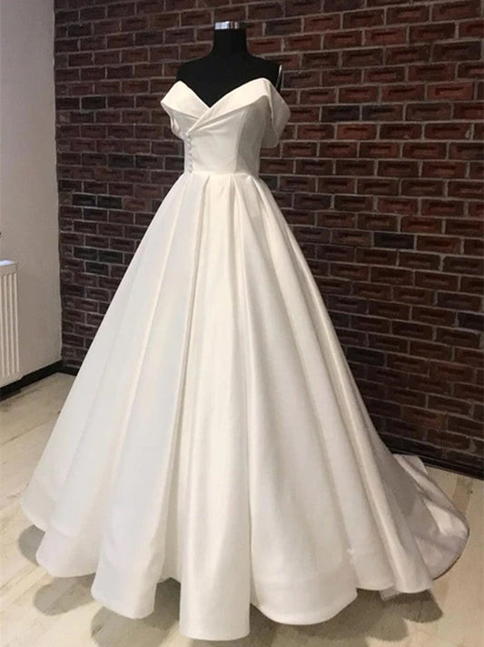 Simple Ball Gown Wedding Dresses Sweetheart Pleated Sleeveless Sweep Train Satin Bridal Gowns Custom Made