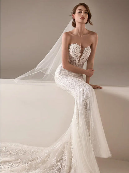 Gorgeous & Classic Mermaid Wedding Dresses Sweetheart Appliqued Beads Sleeveless Tulle Sweep Train Bridal Gowns Custom